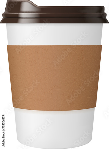 Coffee cup of paper or mug cardboard realistic mockup, vector plastic package with lid. Disposable takeaway coffee cup or white mug for hot drinks with brown plastic sip lid and carton holder