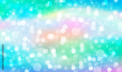 Magic fantasy background with bokeh iridescent and glitter. Delicate blue green pink bokeh. Abstract shimmer pattern holiday. Fairy tale dream cute. Winter shimmer. Defocus pattern sparkles. Vector.