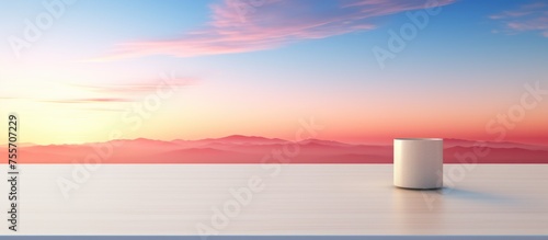 Abstract background with a white table against a blurred sunset, conveying a travel theme.
