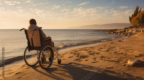 A Disabled Man In A Wheelchair is Enjoying a Tranquility Of The Sea While Staying At Sandy Beach