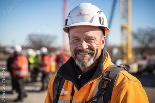 Portrait of a handyman in a hard hat, against the background of construction