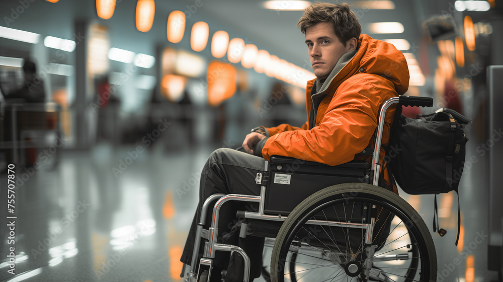 A Handicap Man In A Wheelchair Is Waiting For His Flight At Airport Terminal
