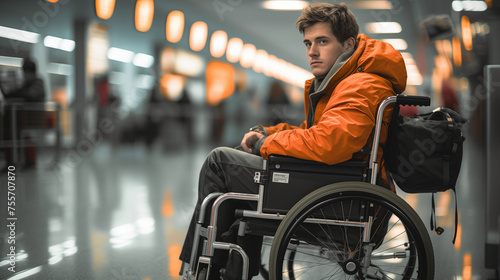 A Handicap Man In A Wheelchair Is Waiting For His Flight At Airport Terminal