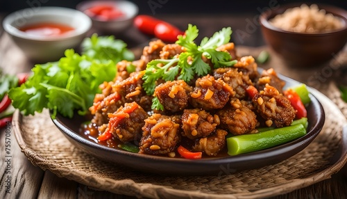 Deep fried spicy minced pork served with vegetable on plate, Thai food 