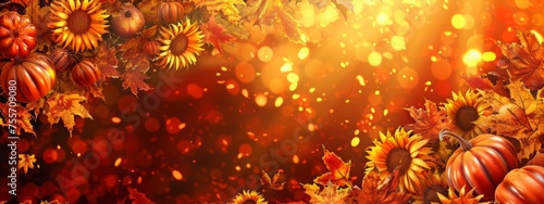 Autumn festive background. Joyful banner with warm seasonal colors. composition of pumpkins. fall leaves and sunflowers. Thanksgiving season banner. © Anastasija