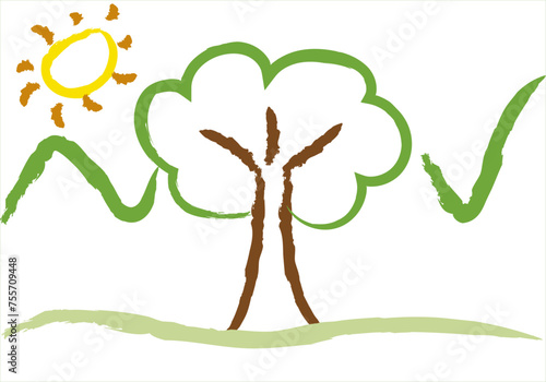 Dibujo hecho con trazo de pincel de un paisaje en primavera.