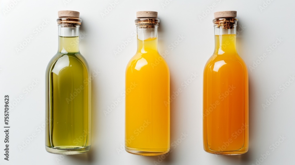 Bottles of fresh fruit and vegetable juices with water drops on white background