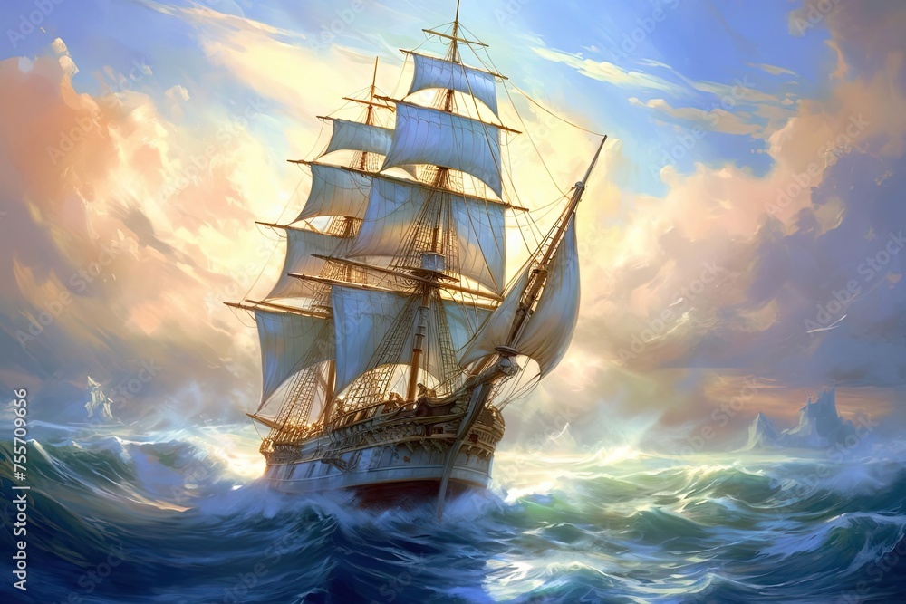 Fototapeta premium Glamorous Sailing Ship Painting in the Ocean