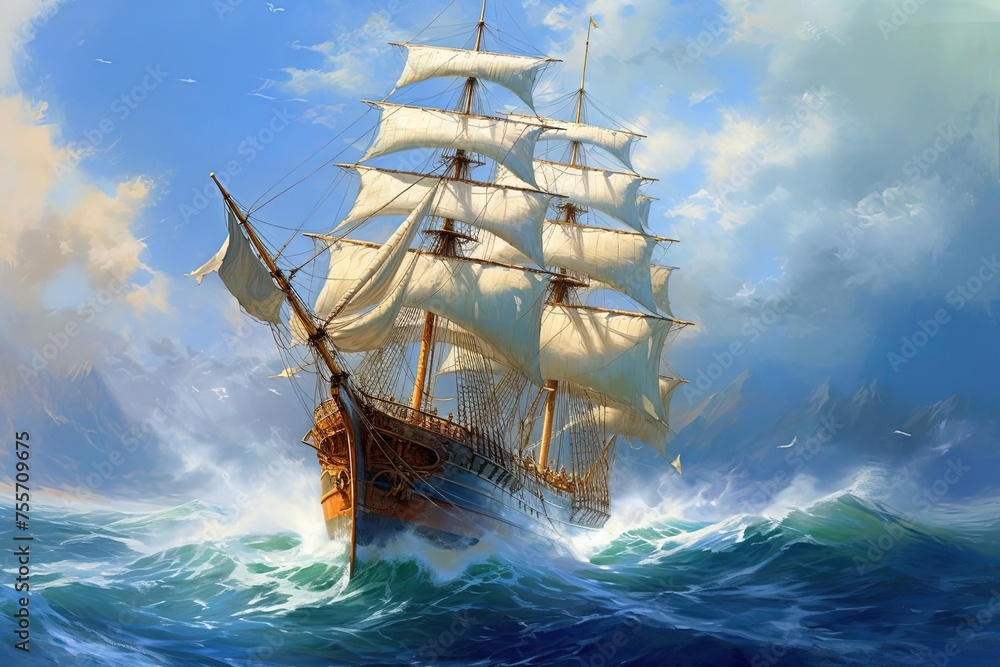Fantasy Sailing Ship Painting - Detailed Matte Art with Realistic Artstyle