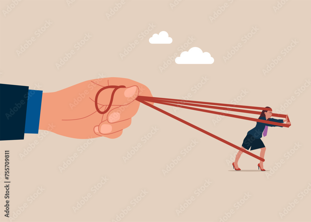 Woman fighting with big hand trying to run away with full effort. Monopoly business. Flat vector illustration Woman fighting with big hand trying to run away with full effort. Monopoly business. Flat vector illustration