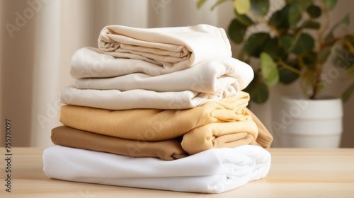 Close-up of a stack of clean, freshly laundered, neatly folded Cotton clothes, a blanket of white and beige colors on a wooden table at home.