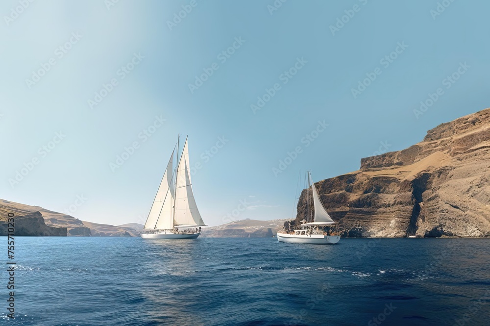 Fototapeta premium White Sailing Boats Floating in Ocean - Detailed Matte Painting 