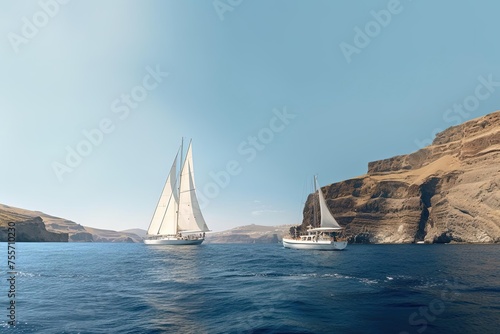 White Sailing Boats Floating in Ocean - Detailed Matte Painting 