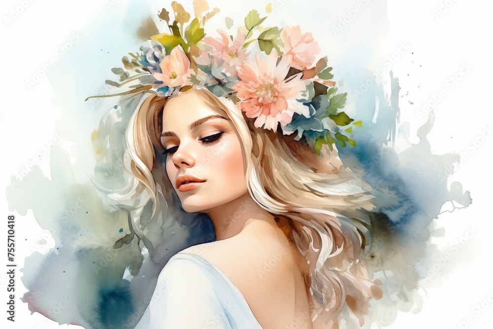 Beautiful girl with flowers in her hair, fashionable illustration, isolated background, watercolor painting. Beautiful girl with flowers in her hair, fashionable illustration, isolated background, watercolor painting.