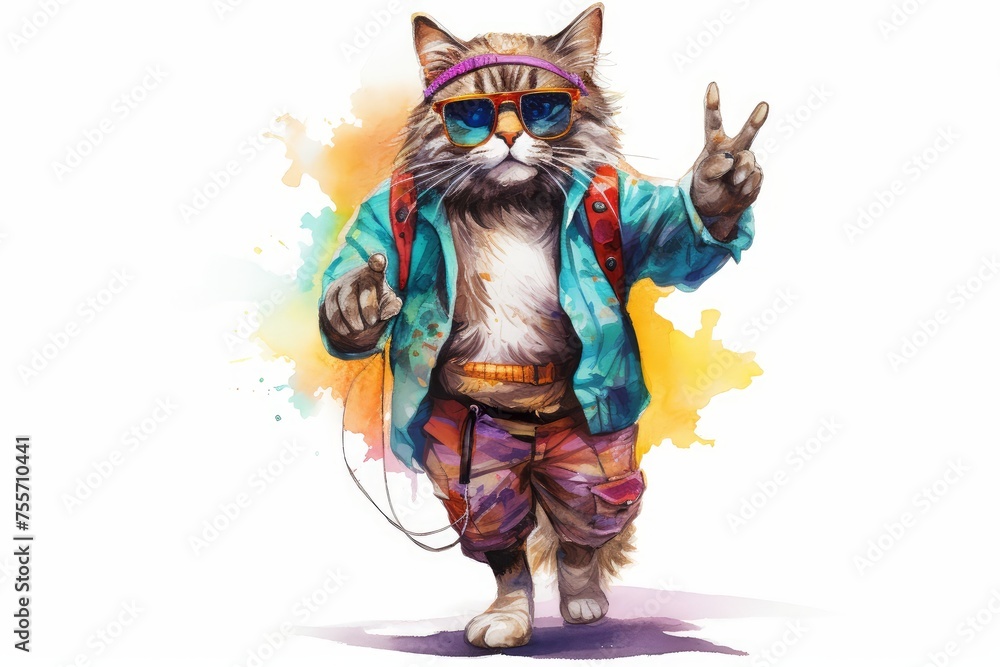 Hippie cat in sunglasses, watercolor bright colorful illustration, white isolated background. 