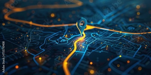 Digital map with GPS location on map with pin route path with yellow and dark effects, navigation concept