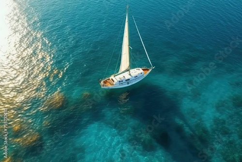 Sailboat and Yacht in Sunny Ocean   Turquoise Waters, Shining Sun - Aerial View © João Queirós