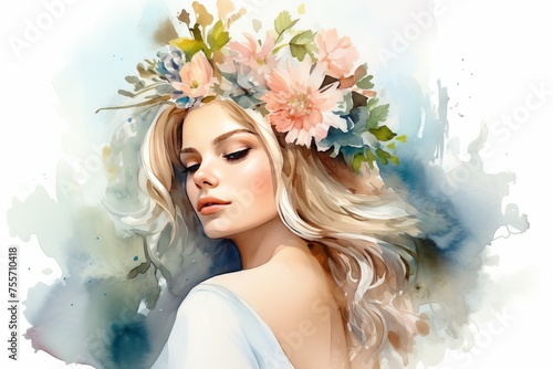 Beautiful girl with flowers in her hair, fashionable illustration, isolated background, watercolor painting. 