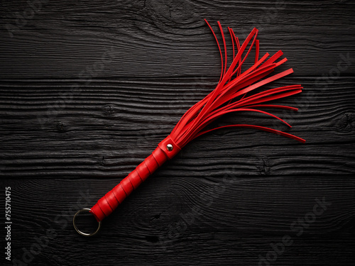 Red whip for adult role play games over black wooden background