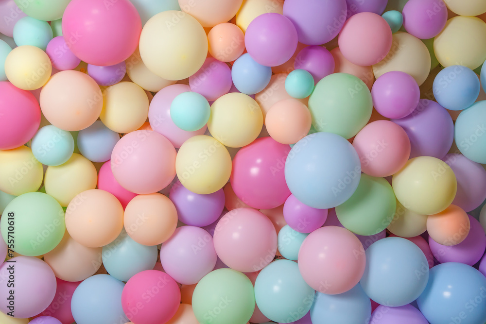 Colorful soft pastel balloons background. Pink, purple, yellow, mint green, peach. Horizontal image.
