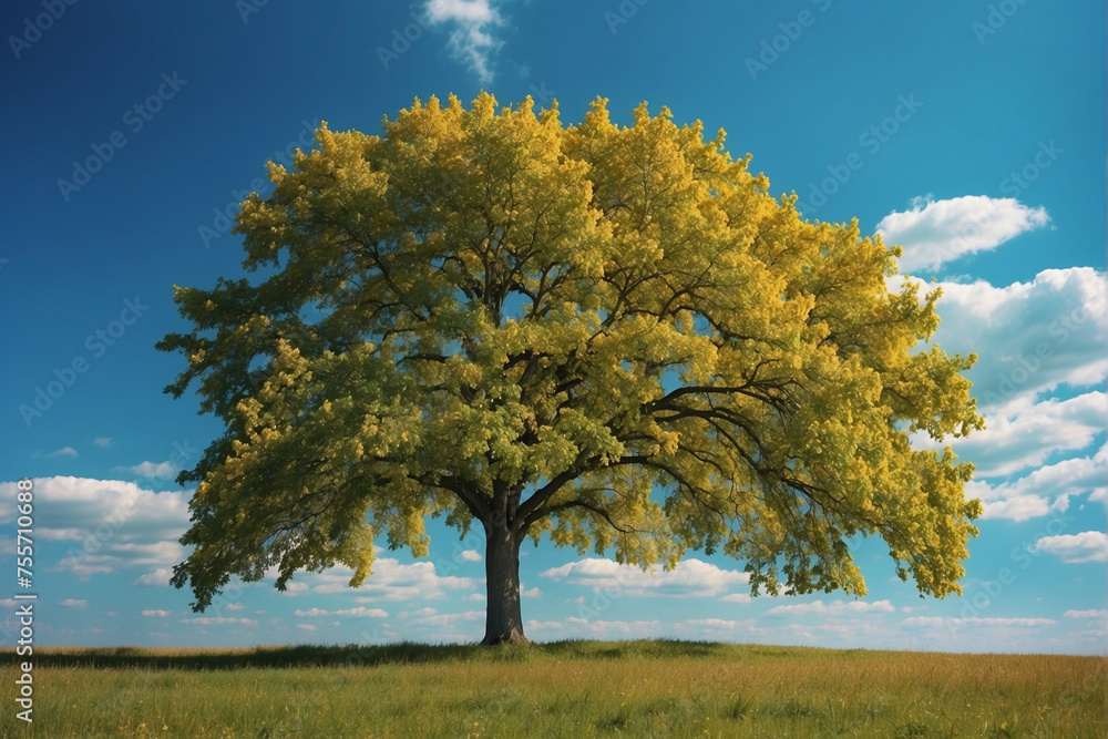 Fototapeta premium A Lone Maple Tree in a Meadow on a Sunny Day