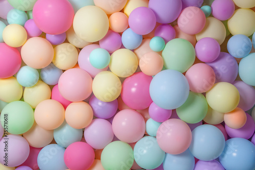Colorful soft pastel balloons background. Pink, purple, yellow, mint green, peach. Horizontal image.

