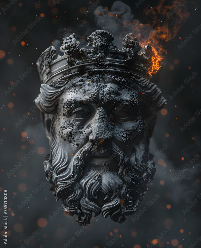 floating grey man greek sculpure head wearing burning crown isolated on dark background