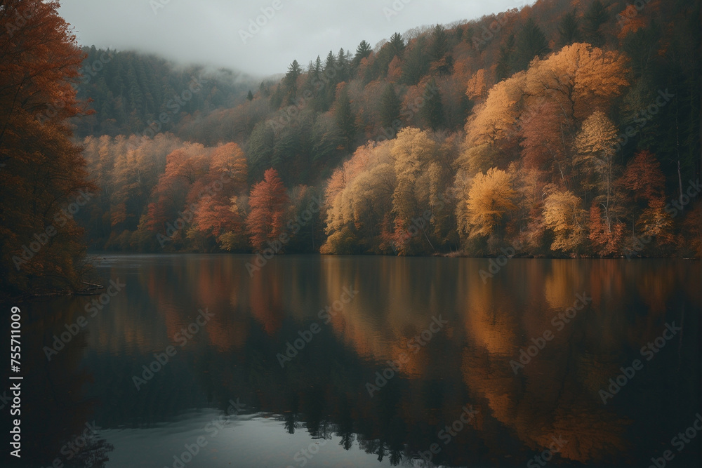 Fototapeta premium Tranquil Lake Surrounded by Dense Trees