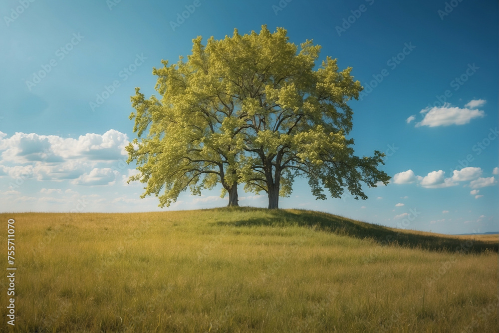 Fototapeta premium Two Maple Trees Standing Tall on a Sunny Meadow