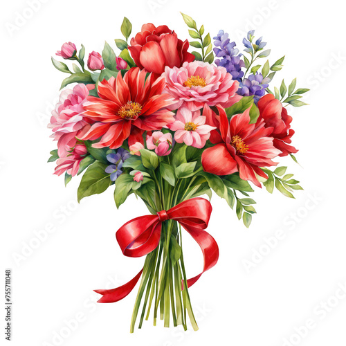 Wedding style flower bouquet, watercolor illustration of flower bouquet tied with ribbon, cute vector decoration element 