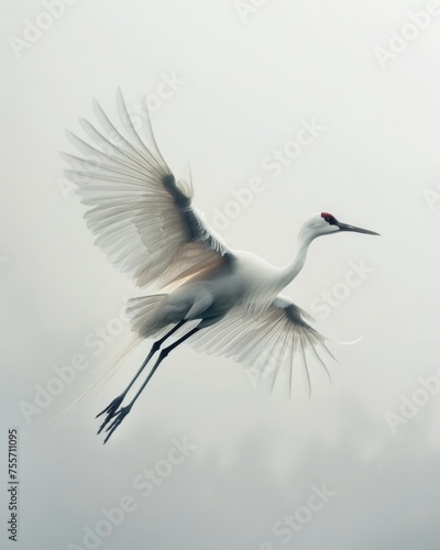 A crane flies high in the white sky, view from below, wings spread wide, long exposure, blurred movement, muted colors, white and beige, surrealism and minimalism