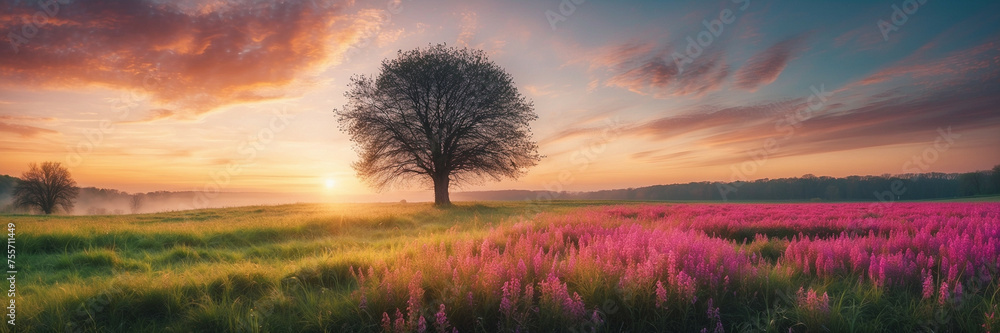 Tree Standing Strong Amidst Sunset Glow in Field Tree Standing Strong Amidst Sunset Glow in Field