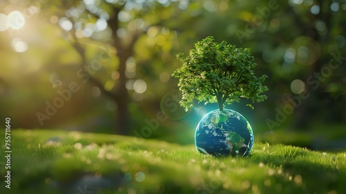 Globe with a tree on green grass, save the world concept. © shameem