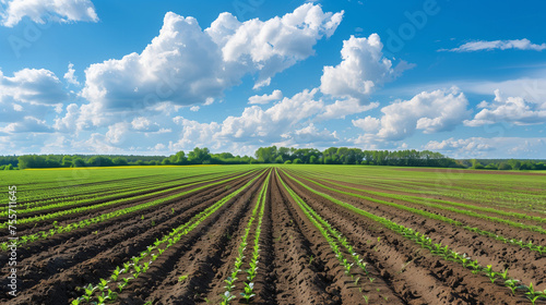 open field with rows of crops. The field extends to the horizon under a blue sky dotted with fluffy clouds