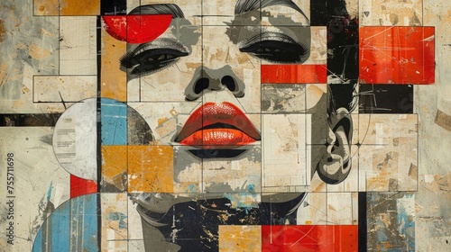 Pop Art Collage. A woman's face artfully integrated into a retro trendy paper collage composition. Modern art with a nod to vintage aesthetics, blending bold colors, textures, and patterns. photo