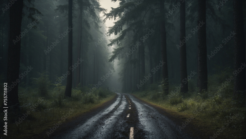 Fototapeta premium Wet Road in the Middle of a Forest