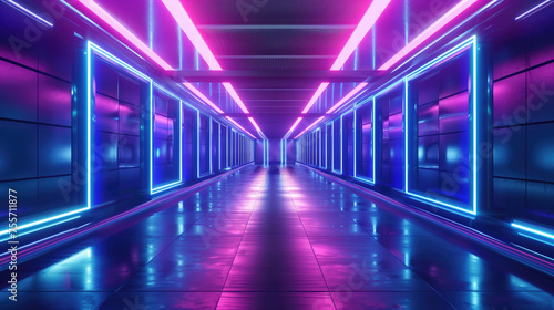 A sleek corridor illuminated with striking blue and pink neon lights, exuding a futuristic ambiance.