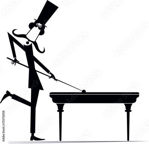 Man in the top hat playing billiards at club. Cute long mustache man in the top hat plays snooker. Black and white illustration 