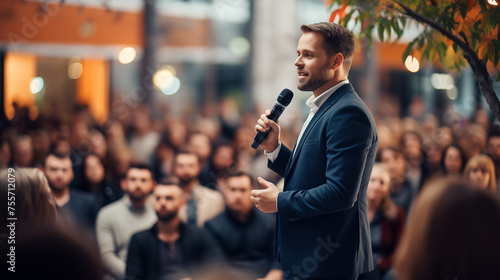 Confident male speaker giving a presentation to an attentive audience in a seminar hall.