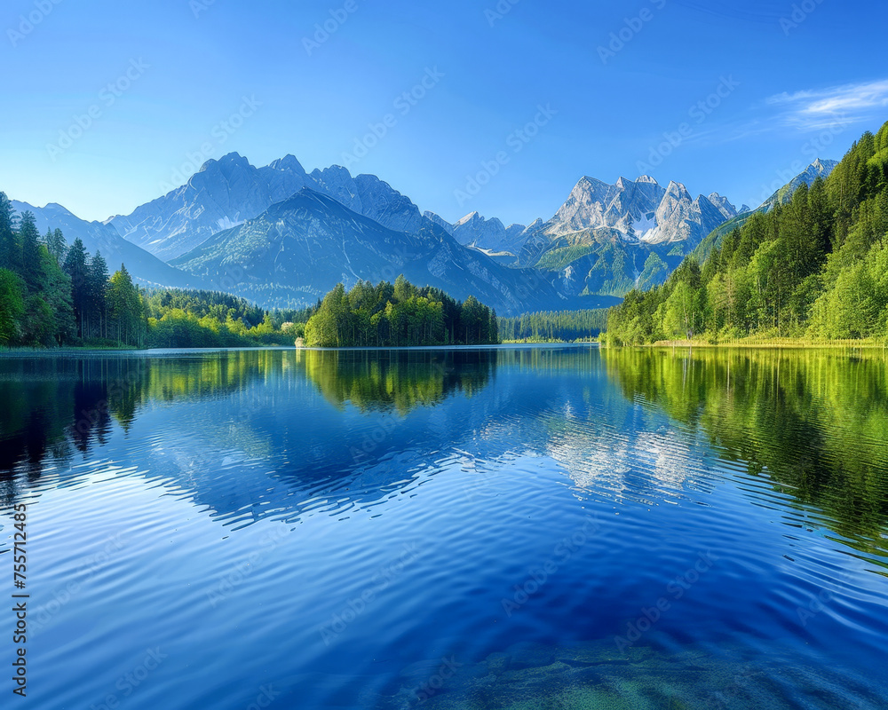 A beautiful mountain lake with a blue sky in the background