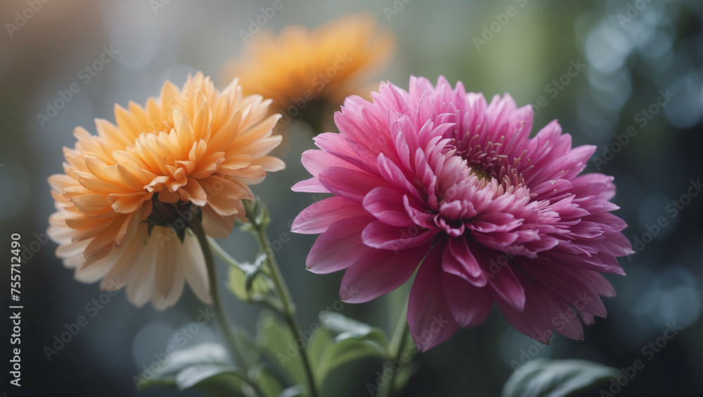 Obraz premium Blurry Pink And Peach Chrysanthemums Blooming In The Early Morning