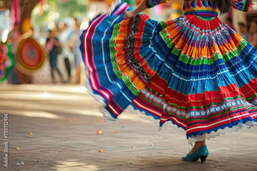A woman in a colorful skirt is dancing on a sidewalk