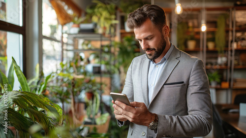 Businessman looking at smartphone in office full of green house plants