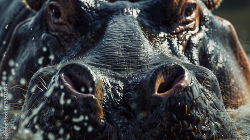  An extreme close-up captures the intense and detailed face of a hippopotamus  showcasing its wet skin and the fine texture of its hair and pores.