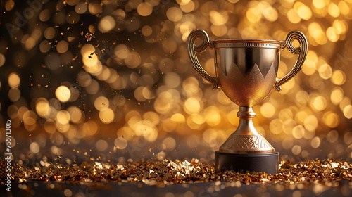 Golden trophy cup on glitter background with bokeh lights, symbolizing victory and success.
