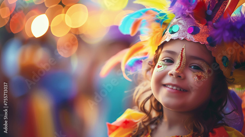 Festive banner with joyful child in carnival costume with colorful feather headdress and glitter makeup smiling at festive event. Generative AI
