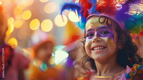 Festive banner with joyful child in carnival costume with colorful feather headdress and glitter makeup smiling at festive event. Generative AI 