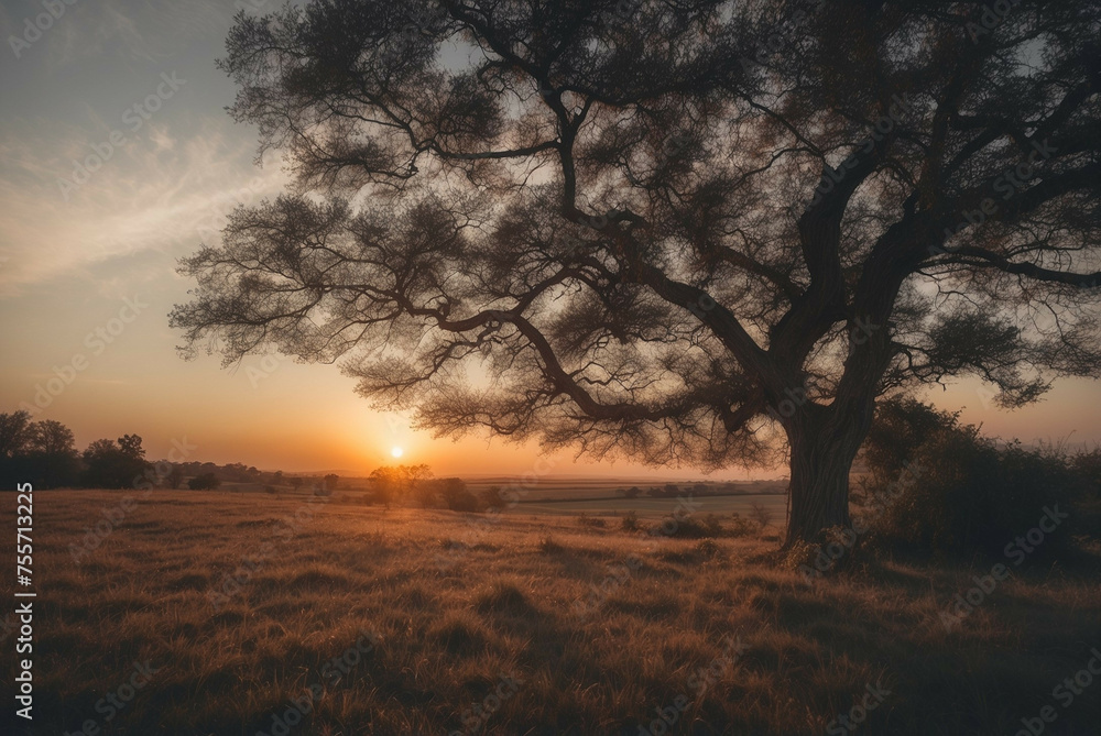 The Sun Setting Behind a Tree in a Field The Sun Setting Behind a Tree in a Field