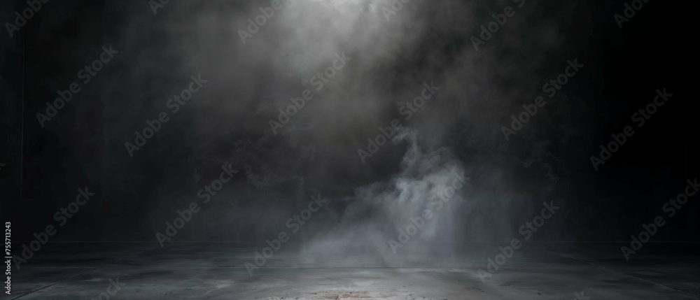 Mysterious dark room with cement walls and atmospheric smoke for dramatic product showcases Mysterious dark room with cement walls and atmospheric smoke for dramatic product showcases
