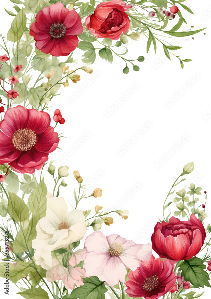 Beautiful vintage floral frame of wild flowers isolated on white background for wedding invitation or postcard design.